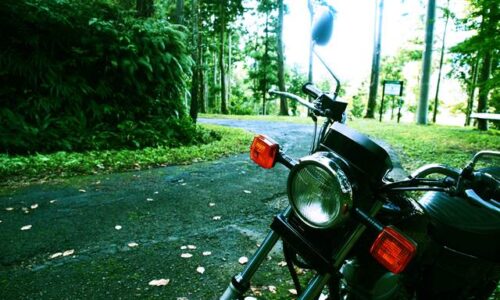 森のカーブとオートバイ