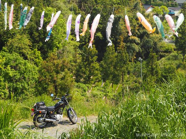 里山の鯉のぼりとオートバイ