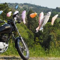 里山の鯉のぼりとオートバイ