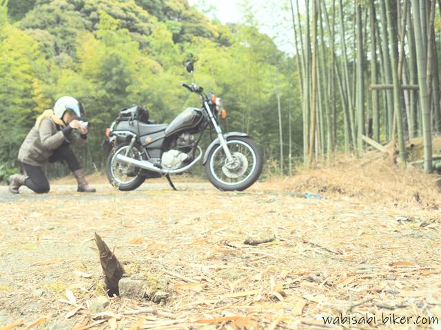 タケノコとオートバイと写真を撮る女性ライダー