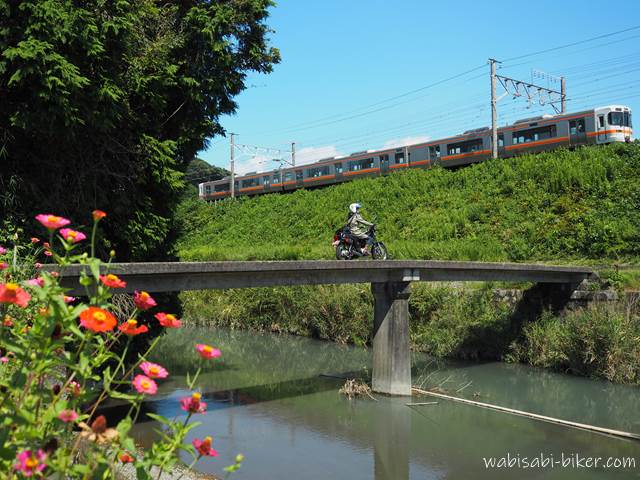 橋の上の女性ライダーと電車と花