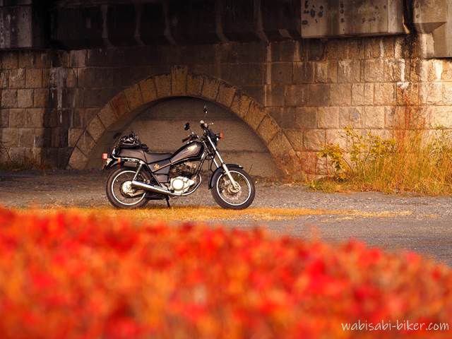 橋脚とバイクと紅葉