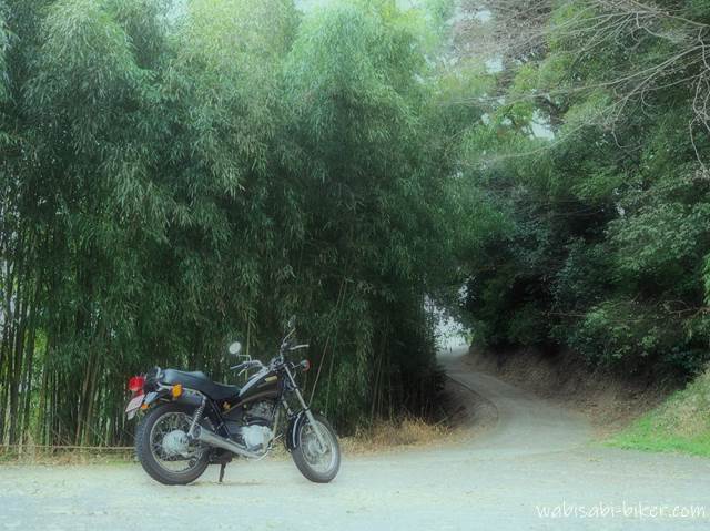 竹の小道とオートバイ