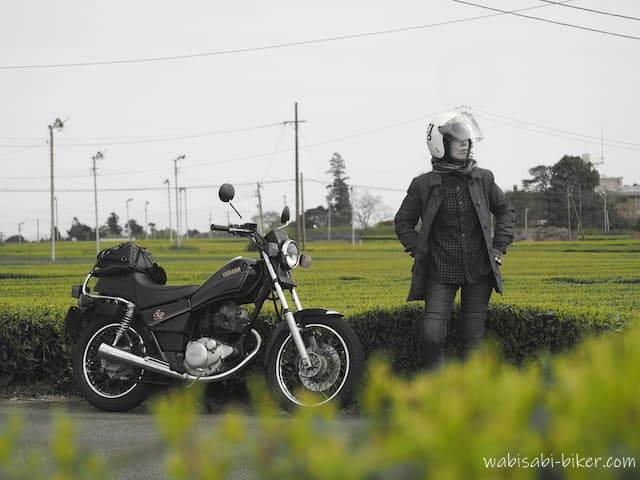 茶畑の新芽とオートバイ 自撮りバイク写真