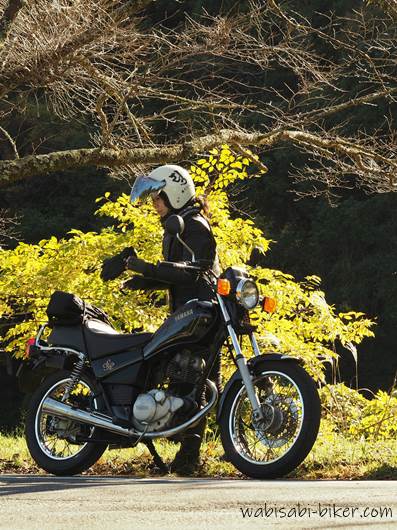 黄葉と女性バイク乗り セルフポートレート写真
