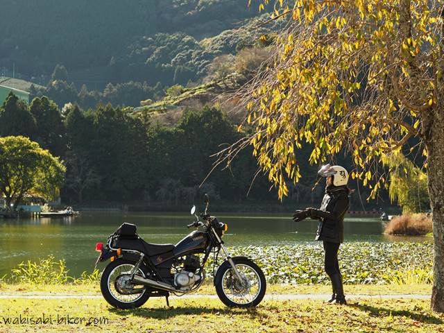 池と黄葉とバイク乗り