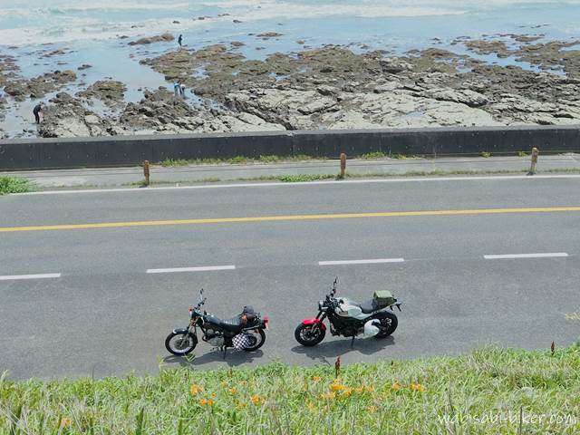 海とオートバイとユリの花