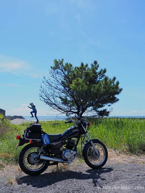 夏空の下、松の木の前に停めた黒いバイク(YAMAHA SR125)。その上に立っているように見える人物が小さく写り、バイクにはポカリスエットの青いボトルカバーが添えられている