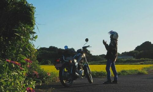 稲穂とガーベラとバイク乗り