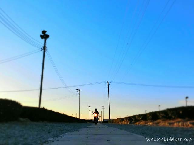 夕空の茶畑を走るバイク乗り