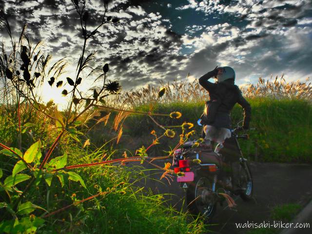 ひっつき虫と夕空を眺めるバイク乗り