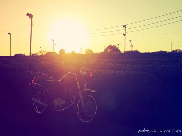茶畑の前に停まる黒いバイク(YAMAHA SR125)が夕陽に照らされ、シルエット気味に写っている。背景には低い太陽が沈みかけており、周囲は夕焼けの柔らかな光に包まれている。