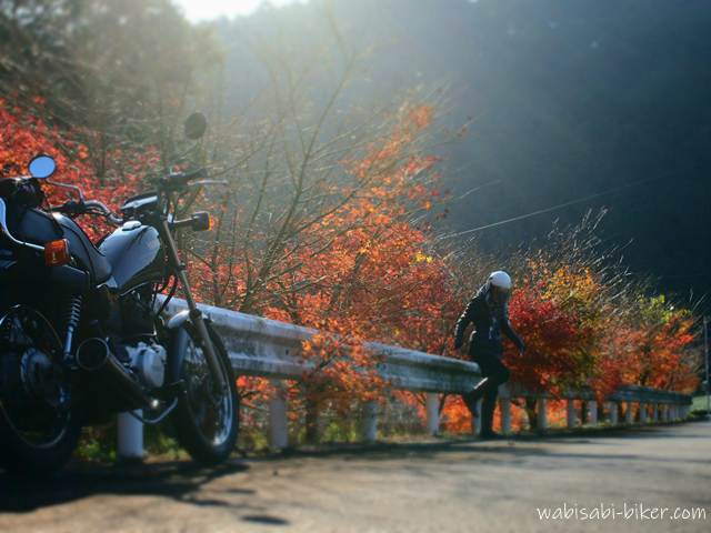 冬紅葉とバイク乗り