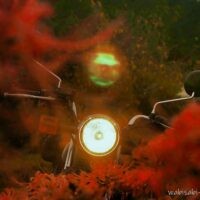 真正面に黒いバイク(YAMAHA SR125)が佇み、ヘッドライトが白く輝いている。ライトの真上には柔らかなフレアが現れ、月に見立てられたような印象を与える。手前には赤くぼけたヒガンバナが広がり、秋の夕暮れ後の風景に溶け込んでいる。