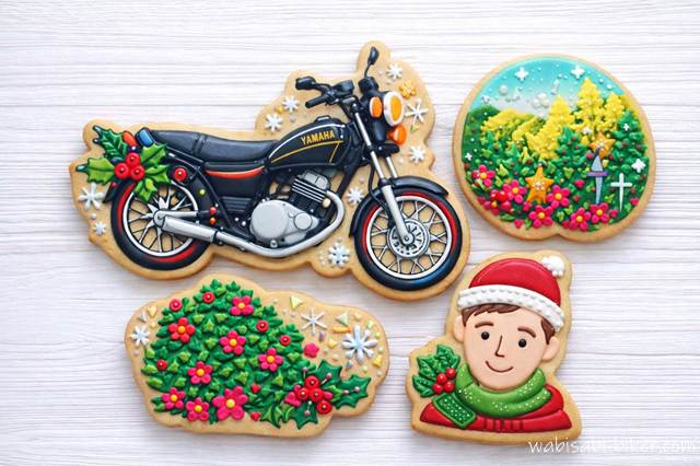 バイクと風景写真をもとにAI生成したホリデー風シュガークッキーのイラスト