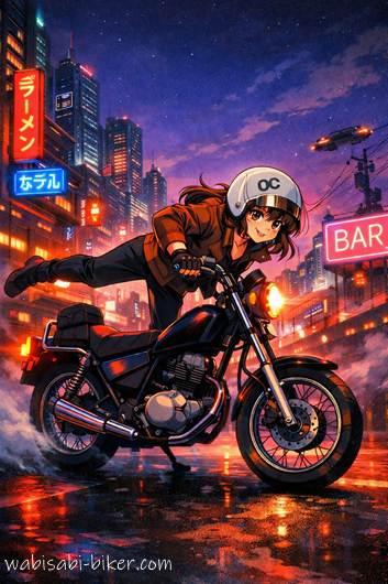 ネオンが輝く夜のサイバーパンク都市を背景に、黒いバイクに跨る女性ライダーの80年代日本アニメ風AI生成イラスト。