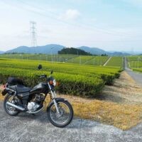 新芽が広がる茶畑の手前に停めた黒いバイクSR125と、右奥へまっすぐ伸びる農道。奥には山並みと鉄塔が重なる。