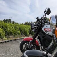 黒いバイクSR125と白と赤のXSR900がお茶の木が生える駐車場に並んで停車した写真。