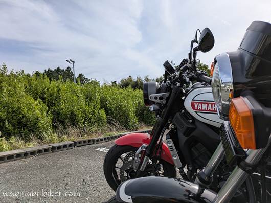 黒いバイクSR125と白と赤のXSR900がお茶の木が生える駐車場に並んで停車した写真。
