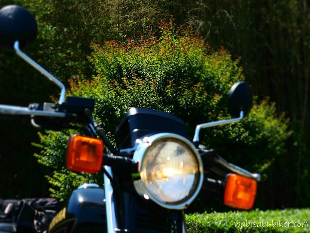 黒いバイクSR125のヘッドライトとウインカーを手前に大きく捉え、その奥に紅梅の木の赤い芽が茂る初夏の風景。右下には茶畑の緑が広がる。