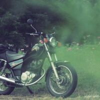 コスモスの葉を前景にぼかして重ね、緑の煙のような層越しに黒いバイクSR125とまばらなコスモスを写した一枚。
