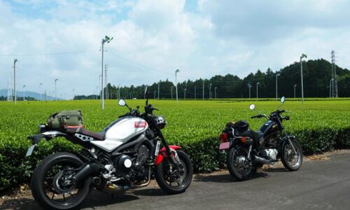 7月の茶畑と夏空を背景に、道路脇に並べて停めた2台のバイク。左に白と赤のXSR900、右に黒のSR125が配置され、夫婦ツーリングの一場面を切り取った写真。鮮やかな緑の茶畑と広がる空が季節感を引き立てている。