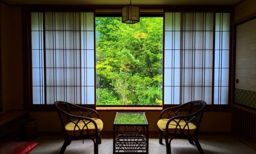 翠紅苑の和室の広縁。窓から少し色づいた緑の木々を望む。窓の緑がテーブルにも少し映り込んでいる。